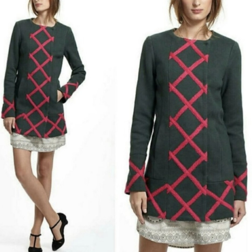 Elevenses Anthropologie Military Dress Coat Emerald Green Pink Embroidered 6